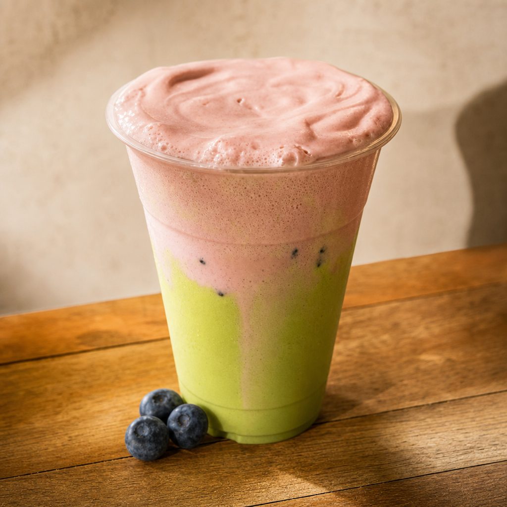 Matcha Green Blueberry Cream Latte.