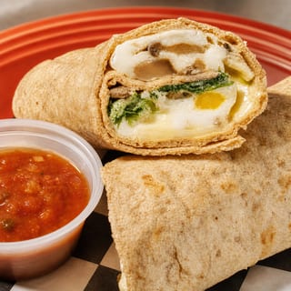 Breakfast Burrito Opt. 2 Bacon, Sausage, Cheddar & Monterey Jack, Spinach, Onions, Mushrooms (Copy)