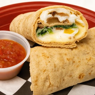 Breakfast Burrito Opt. 2 Bacon, Sausage, Cheddar & Monterey Jack, Spinach, Onions, Mushrooms