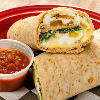 Breakfast Burrito Opt. 2 Bacon, Sausage, Cheddar & Monterey Jack, Spinach, Onions, Mushrooms (Copy)